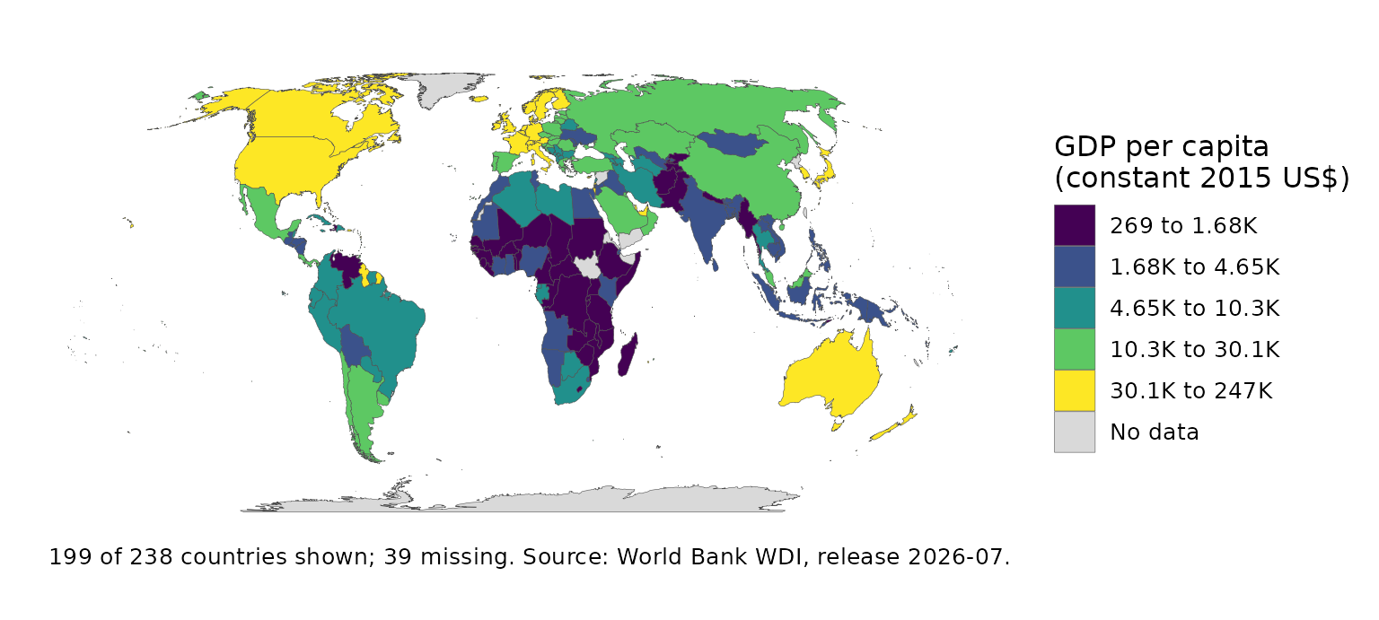 Choropleth map of GDP per capita (constant 2015 US$) (gdp_per_capita) by country, Equal Earth projection. Coloured in 5 quantile classes from 269 to 247K. 199 of 238 countries have data. Highest: Monaco (247K), Bermuda (117K), Luxembourg (104K). Lowest: Burundi (269), Afghanistan (374), Central African Republic (390). Europe has the highest median (22.7K). 16% of countries have no data.