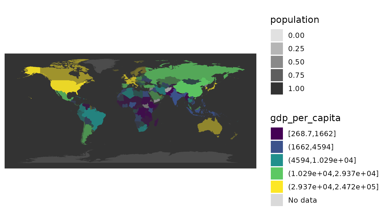 Value-by-alpha map of GDP per capita weighted by population.