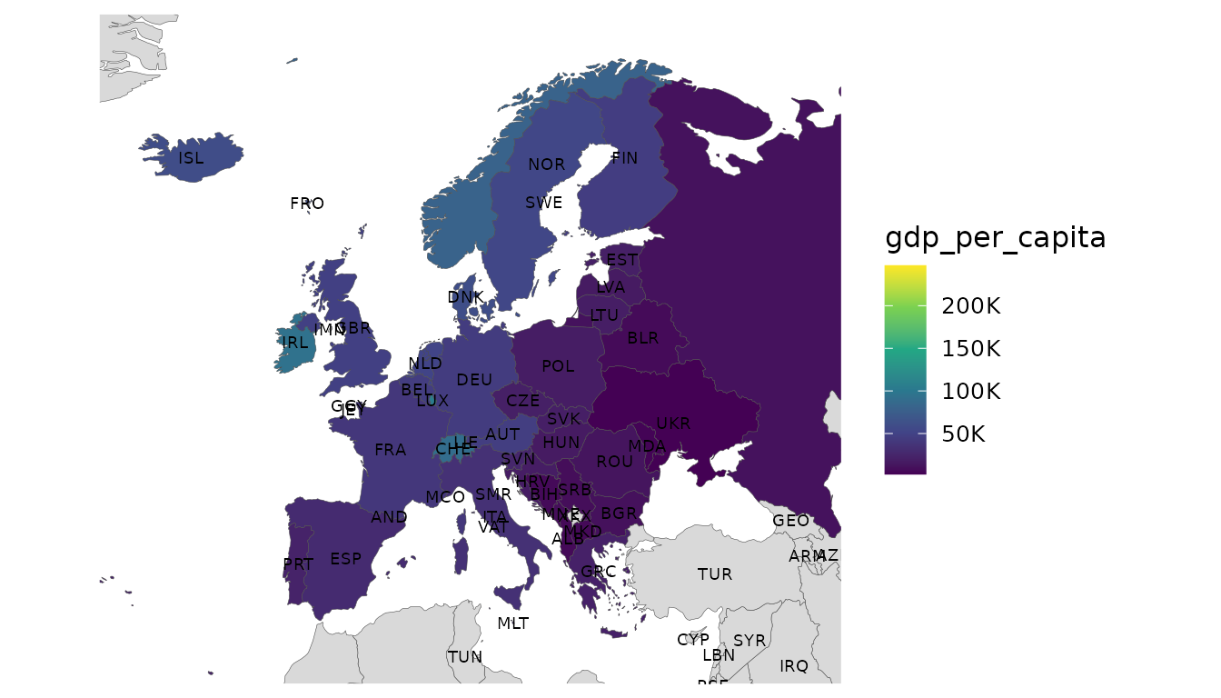 Choropleth of Europe with ISO codes labelled at country centroids.