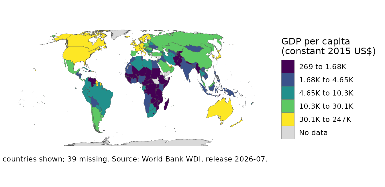 World map of GDP per capita, with a caption naming the coverage and the World Bank release.
