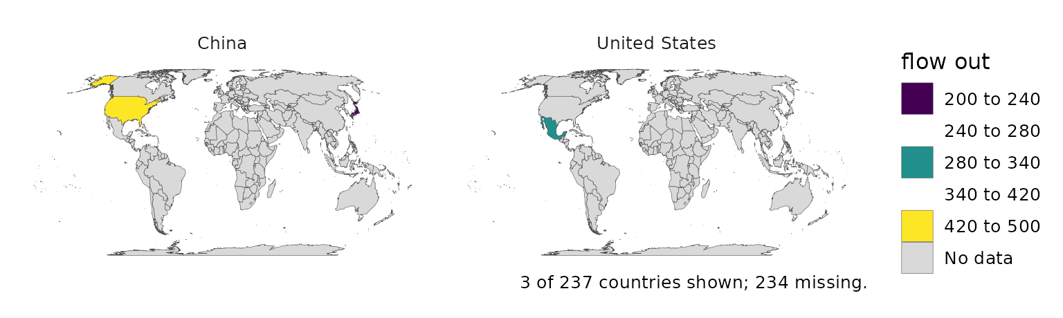 One small map per origin, shading each destination by flow.