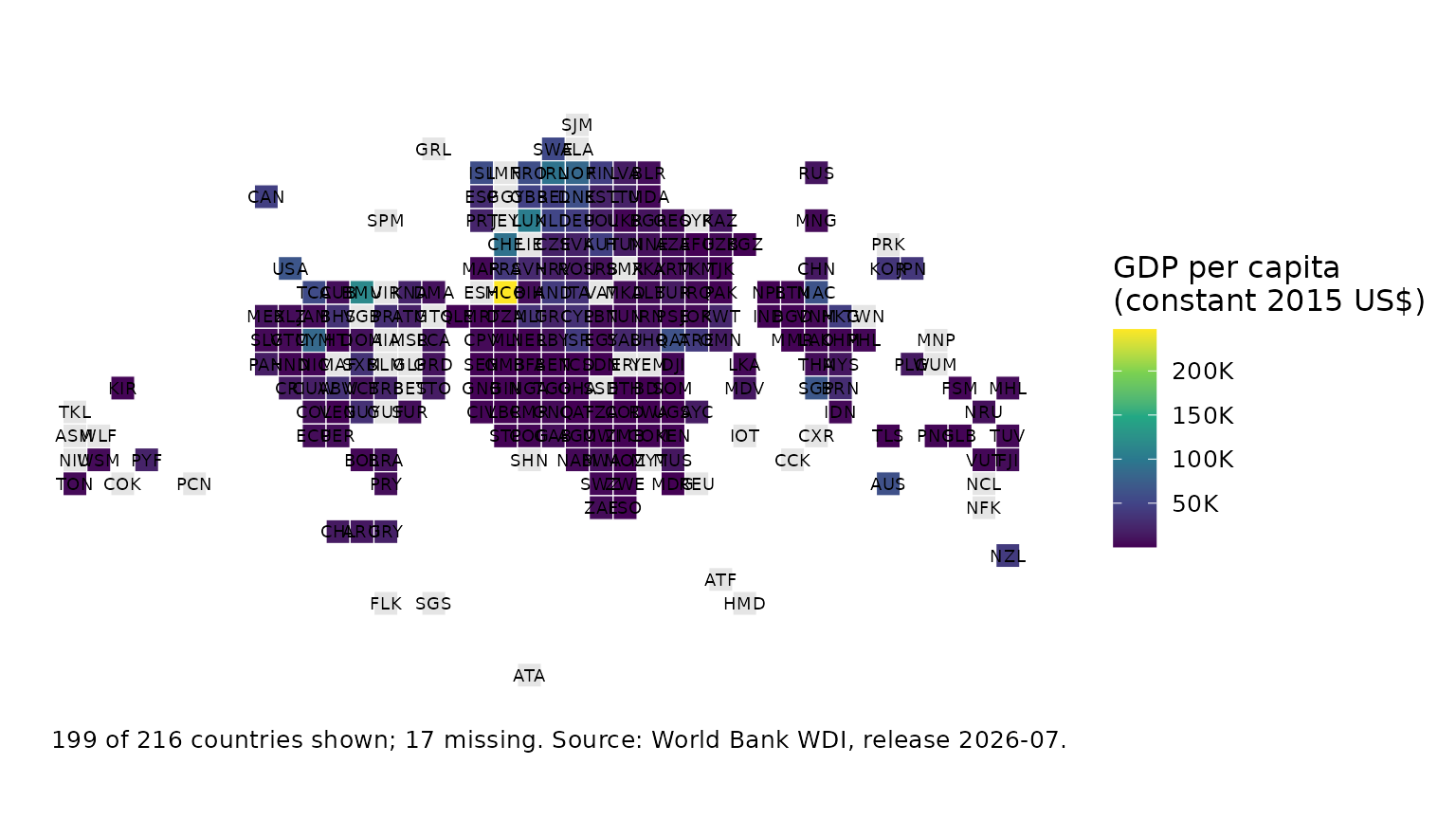 Equal-area tile grid, one square per country.