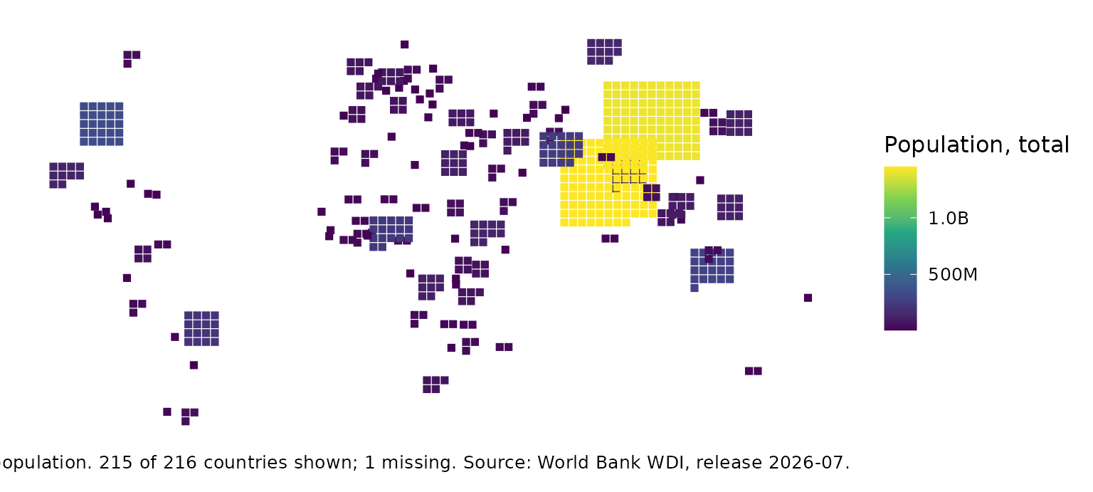 Gridded cartogram: one square per fixed number of people.