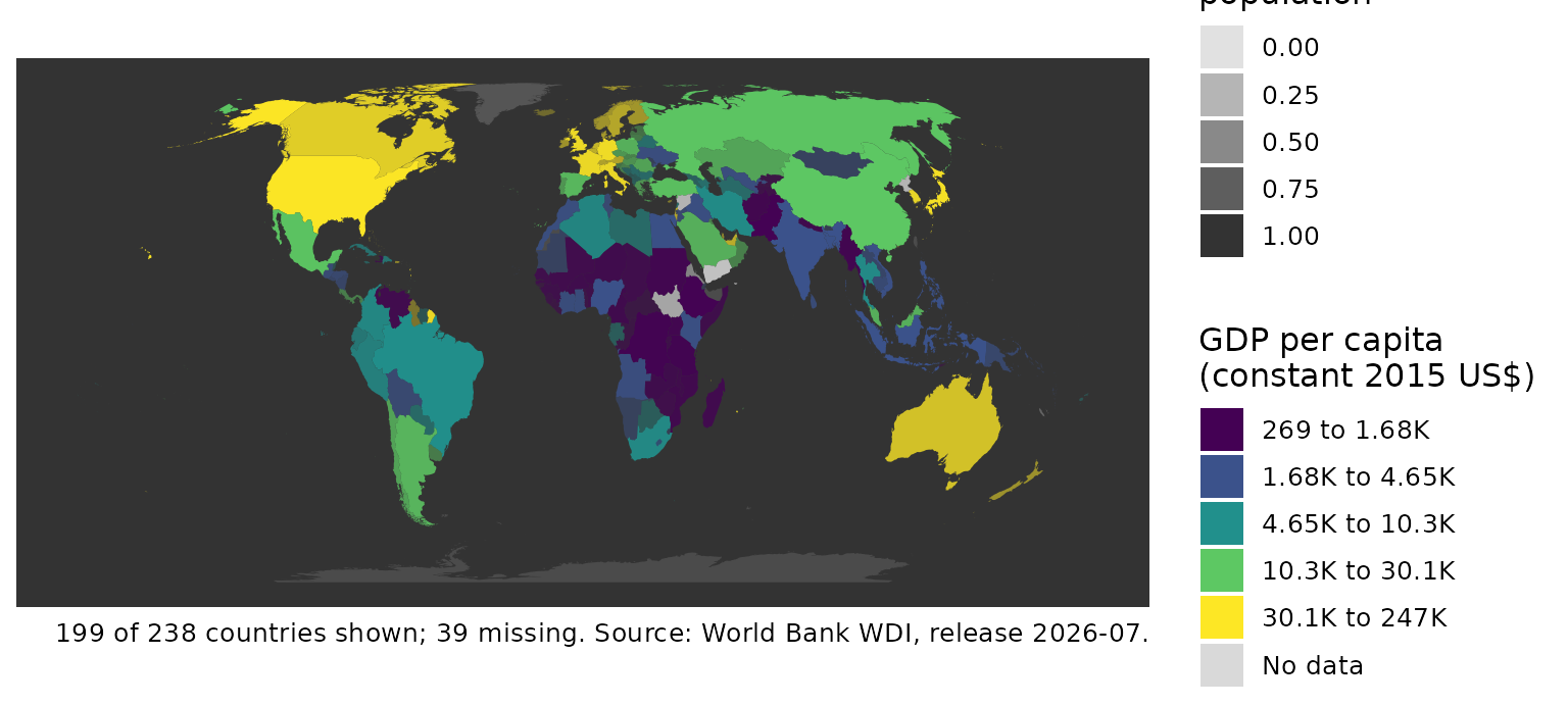 Value-by-alpha map: GDP per capita in colour, population as opacity.