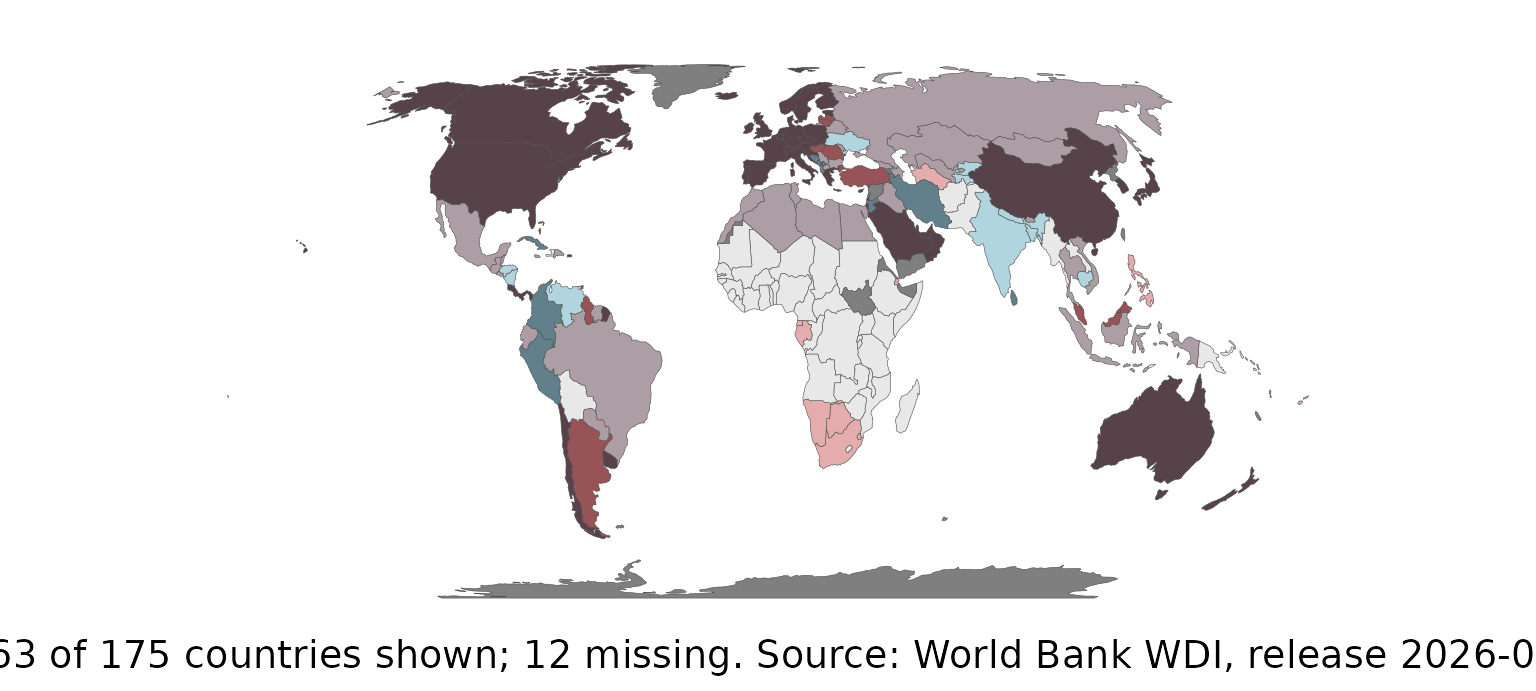Bivariate choropleth of GDP per capita against life expectancy.