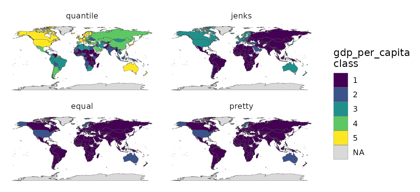 GDP per capita under quantile, Jenks, equal-interval and pretty breaks.