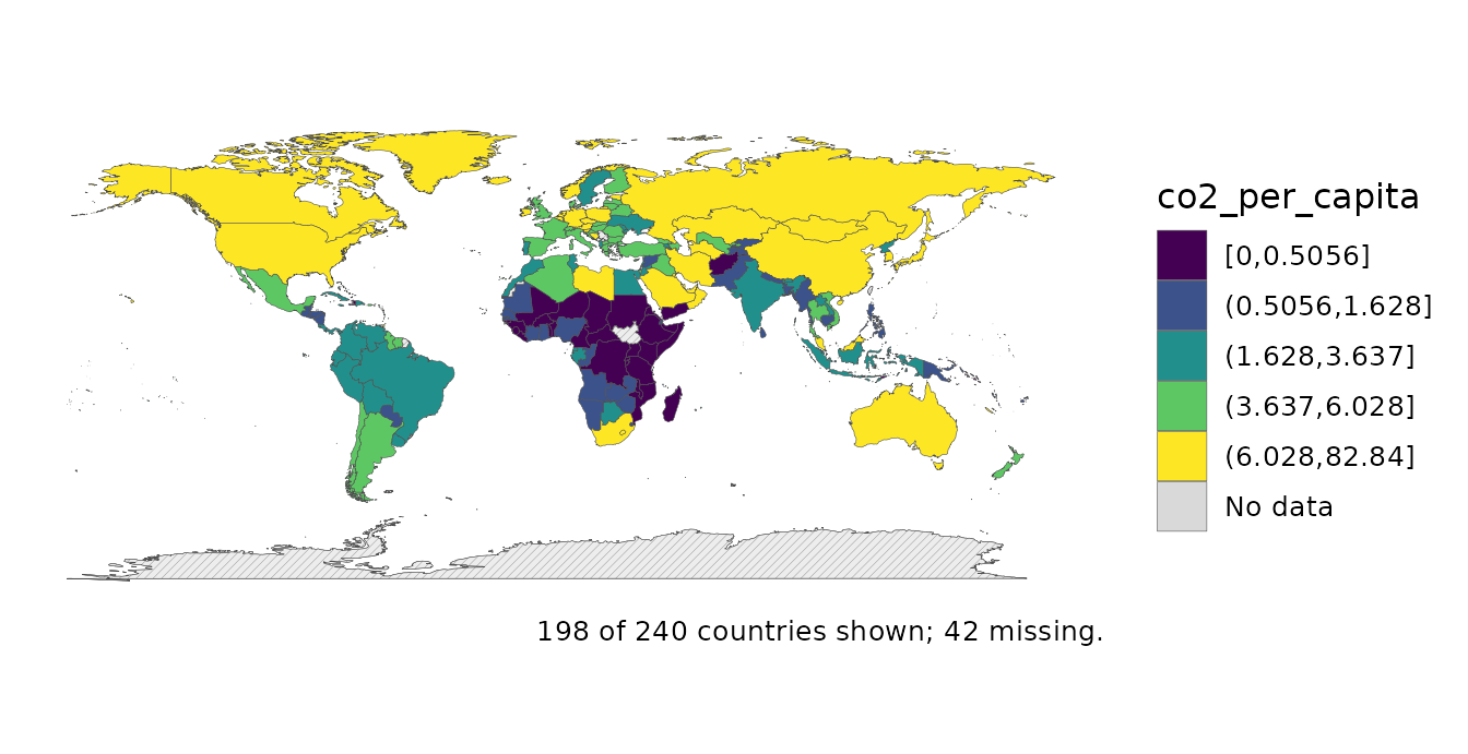 World choropleth with missing countries drawn in diagonal hatching.