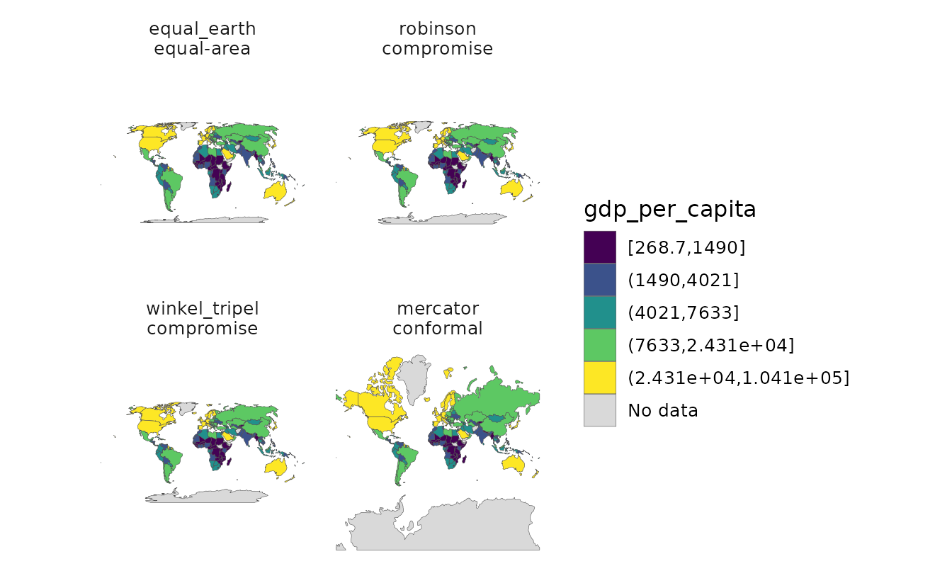 One choropleth drawn under four projections.
