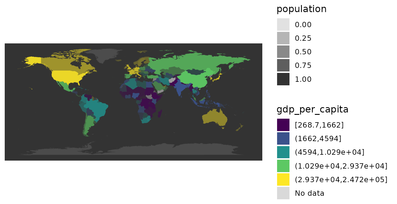 Value-by-alpha map: GDP per capita in colour, population as opacity, over a dark background.
