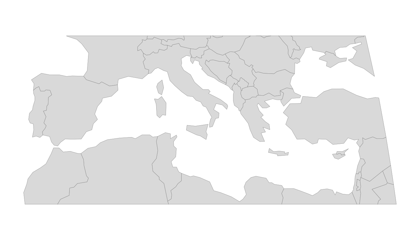 The Mediterranean basin cropped by bounding box under an Equal Earth projection.