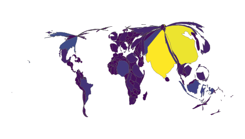 Contiguous cartogram resized by population