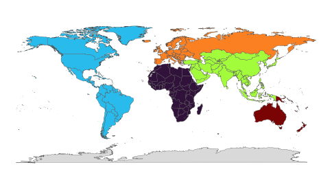 Categorical world choropleth, one colour per continent