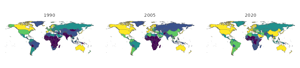 Small-multiple choropleths of life expectancy in 1990, 2005 and 2020