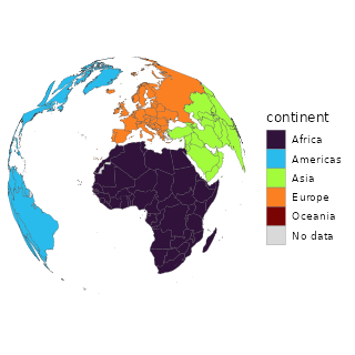 A globe coloured by continent, spinning through one full rotation