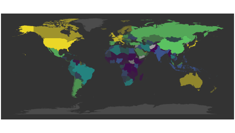Value-by-alpha map: GDP per capita in colour, population as opacity, over a dark background