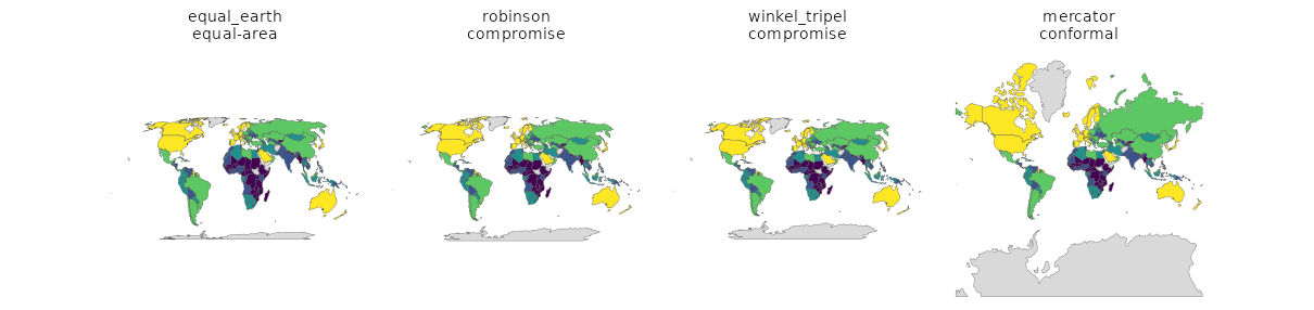 One choropleth drawn under Equal Earth, Robinson, Winkel tripel and Mercator