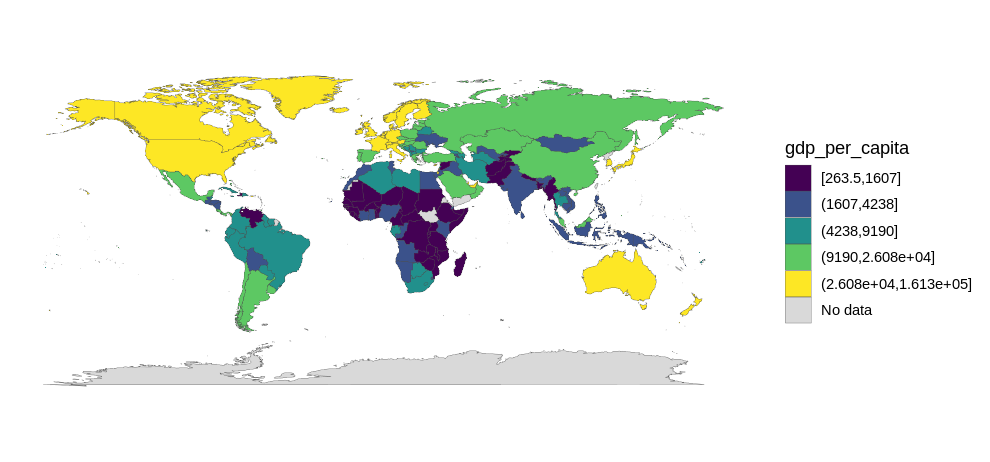 World choropleth of GDP per capita in 2020, shaded in five quantile bins.