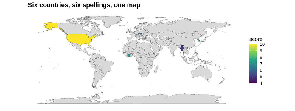 World map with six countries shaded by a made-up score, joined from a table that spelled each of them differently.