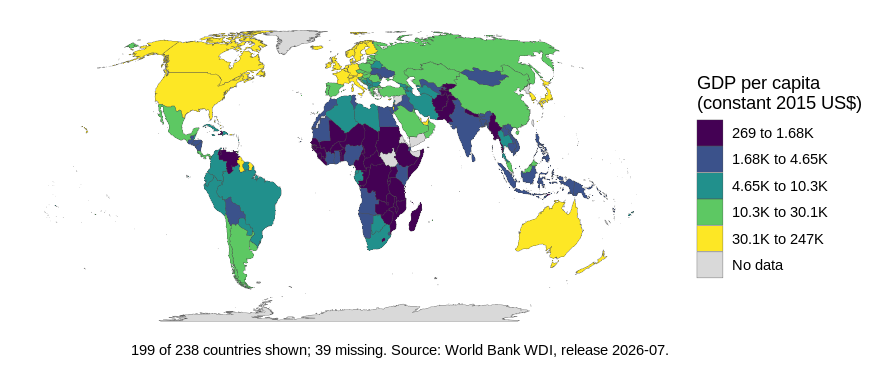 World map of GDP per capita in five quantile classes, Equal Earth projection, with a caption giving coverage and source.