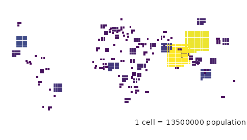 Gridded cartogram: one square per fixed number of people