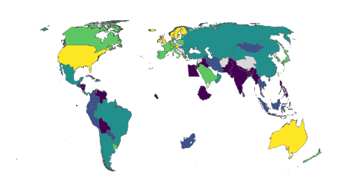 World choropleth drawn on 1950 sovereign-state borders; most of Africa is absent because it was not yet independent
