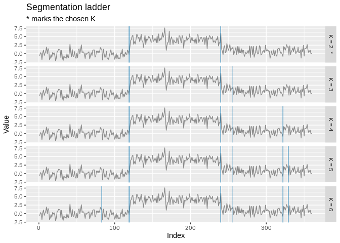 Small multiples showing how the segmentation coarsens as the number of changepoints falls, with the chosen model marked
