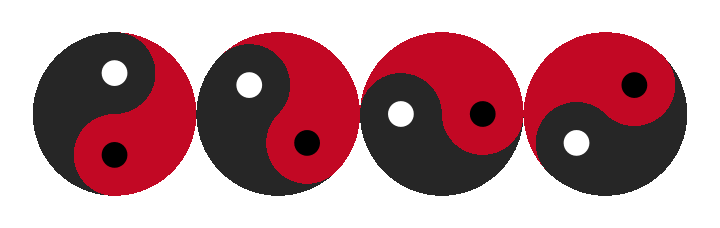 Four taichi glyphs rotating steadily, each a quarter turn out of phase with the last.
